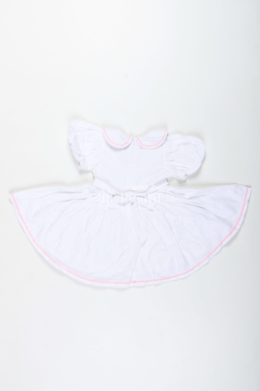 White Baby Girl Cotton Frock With Pink Embroidery Puff Sleeve Dress For Summer Playdates