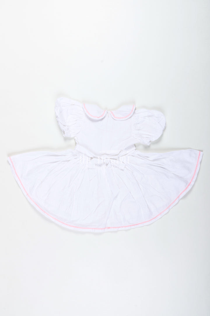 White Baby Girl Cotton Frock With Pink Embroidery Puff Sleeve Dress For Summer Playdates