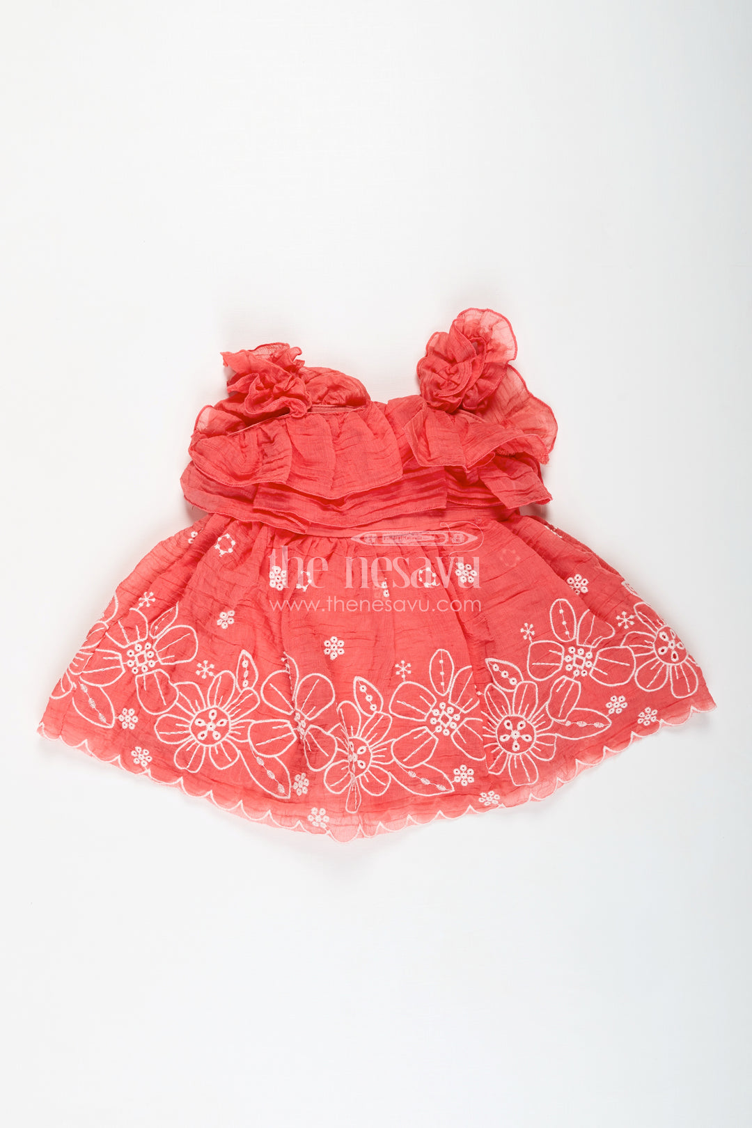 Newborn ethnic wear with floral lace detailing in soft cotton for baby girls in vibrant orange