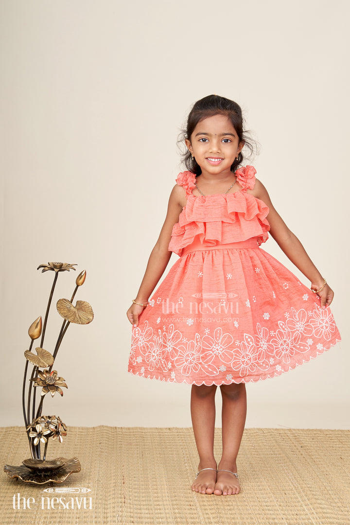 Traditional pink frock for baby girls for wedding functions with cotton fabric and floral accents