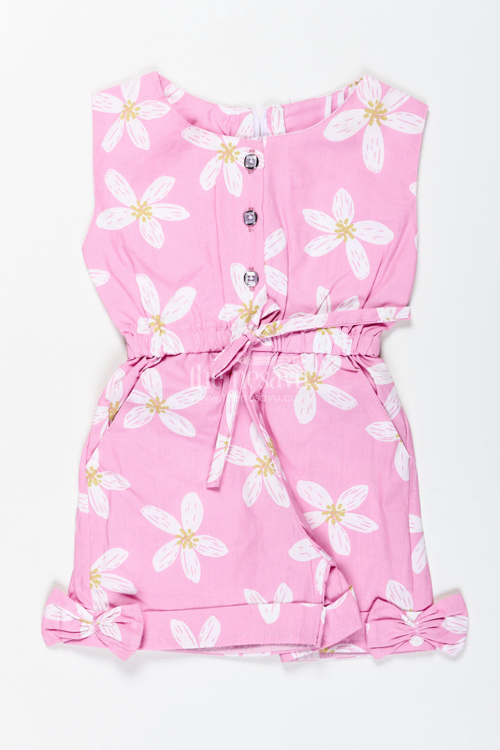 Girls Pink Floral Cotton Jumpsuit With Bow Headband For Playdates And Parties