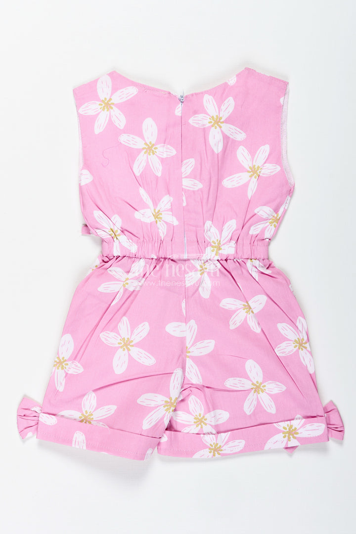 Girls Pink Floral Cotton Jumpsuit With Bow Headband For Playdates And Parties