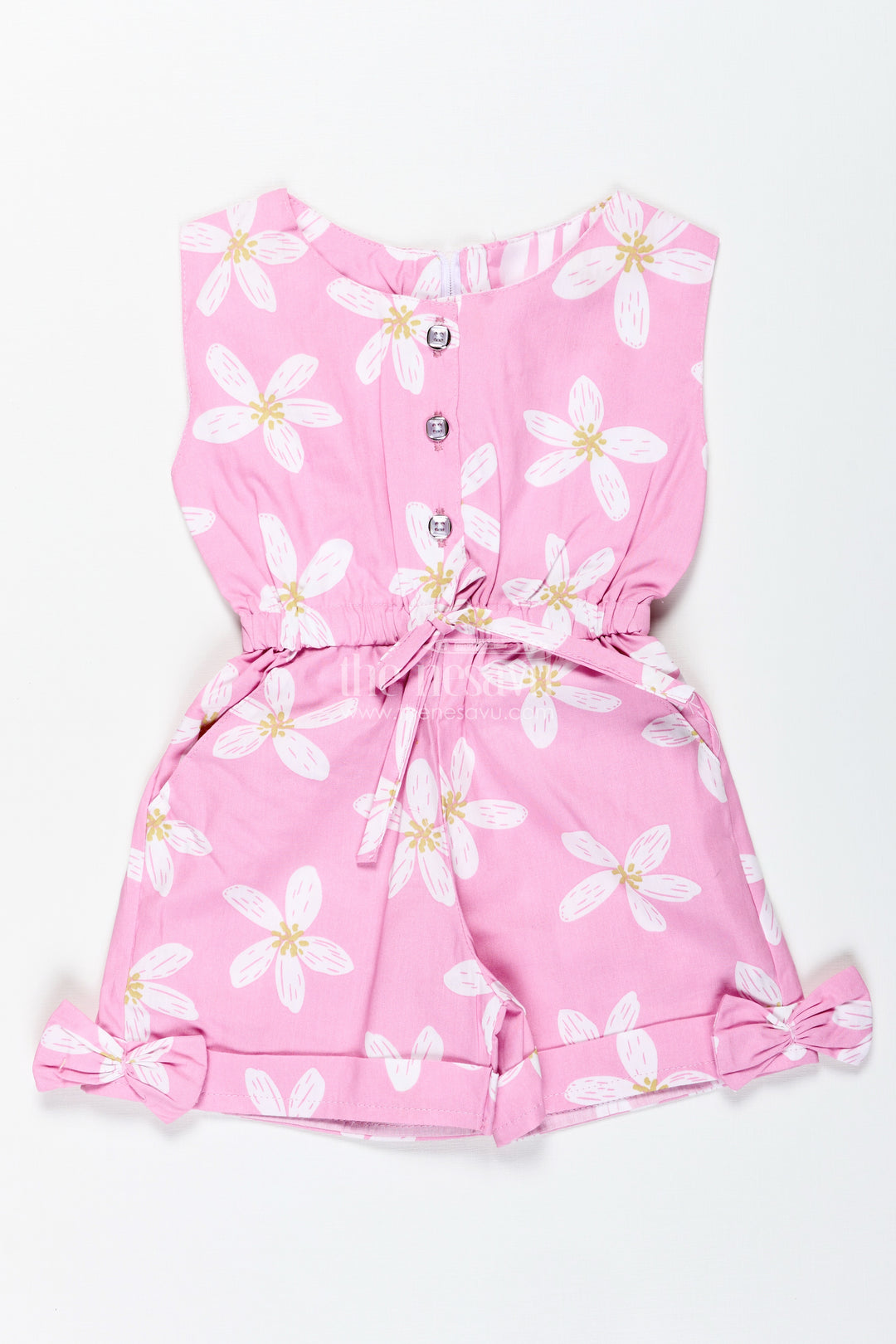 Girls Pink Floral Cotton Jumpsuit With Bow Headband For Playdates And Parties