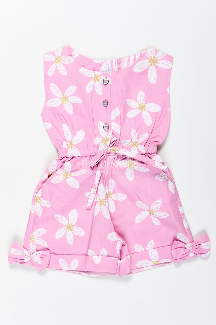 Girls Pink Floral Cotton Jumpsuit With Bow Headband For Playdates And Parties