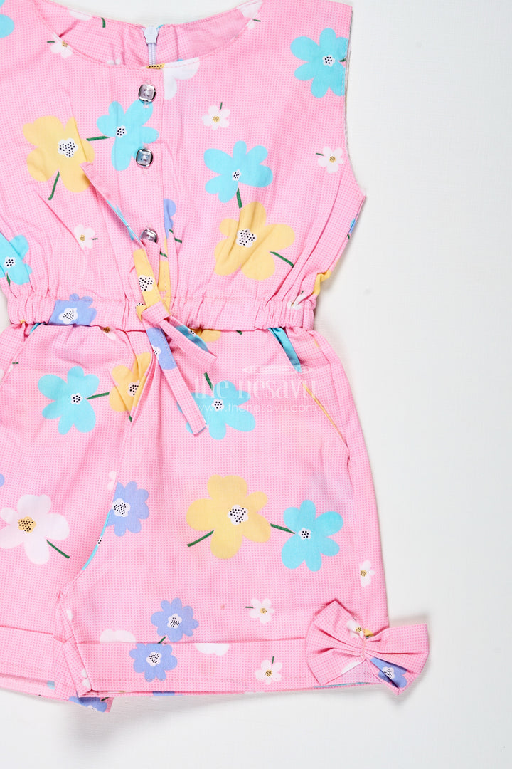 Girls Cotton Jumpsuit With Floral Prints And Bow Headband For Summer Playdates