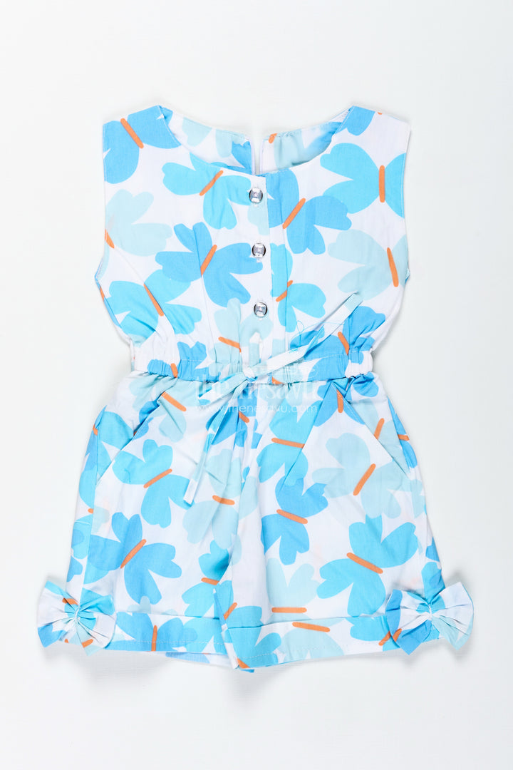 Girls Blue Floral Cotton Jumpsuit With Bow Headband For Summer Adventures