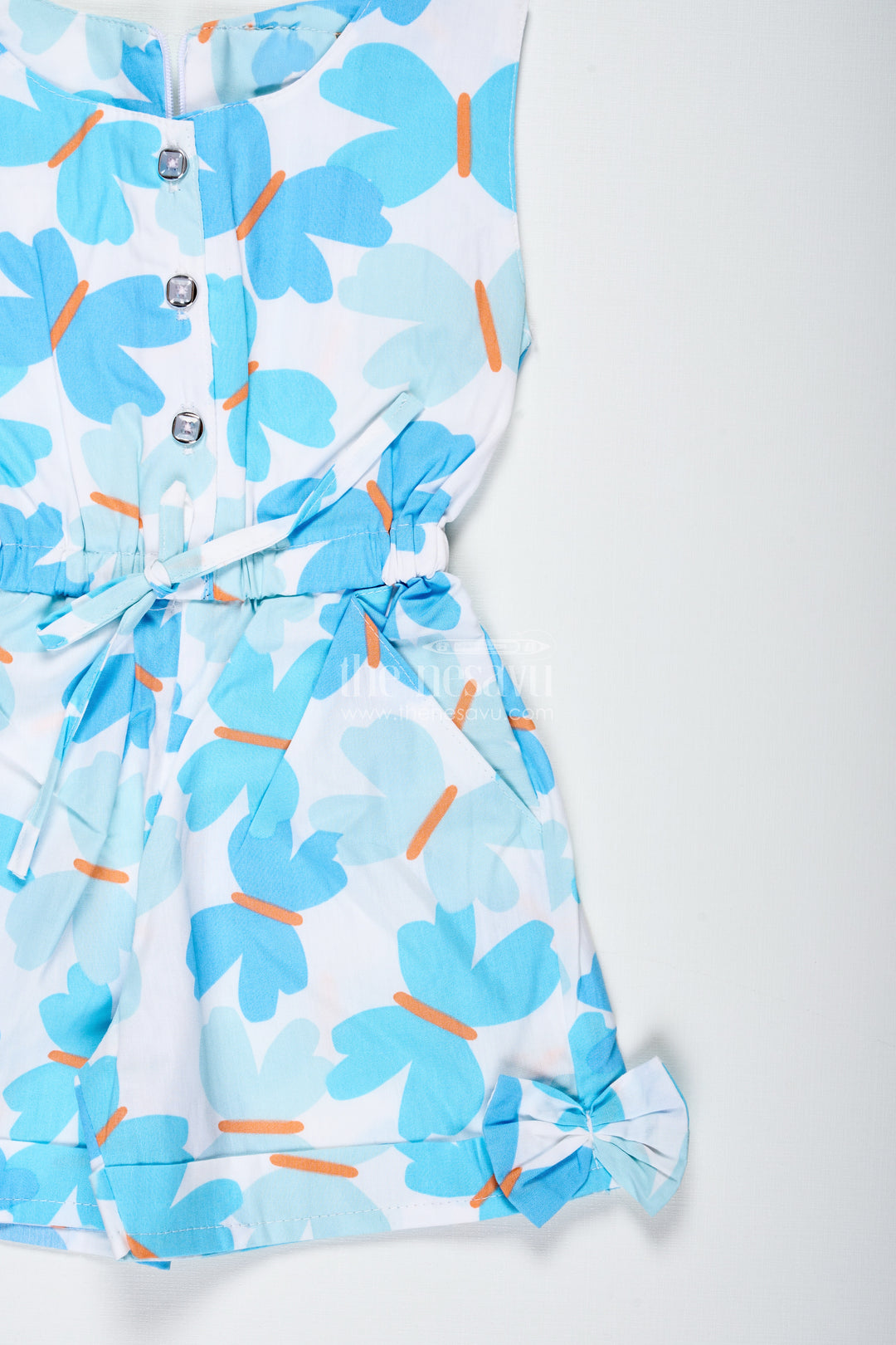 Girls Blue Floral Cotton Jumpsuit With Bow Headband For Summer Adventures