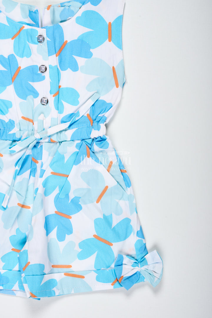 Girls Blue Floral Cotton Jumpsuit With Bow Headband For Summer Adventures
