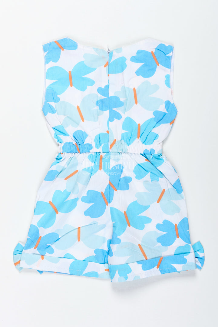 Girls Blue Floral Cotton Jumpsuit With Bow Headband For Summer Adventures
