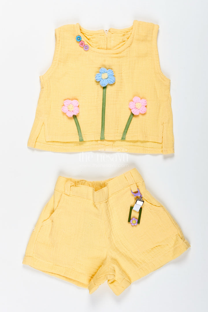 Baby Girl Yellow Muslin Set With Floral Embellishment For Sunny Days