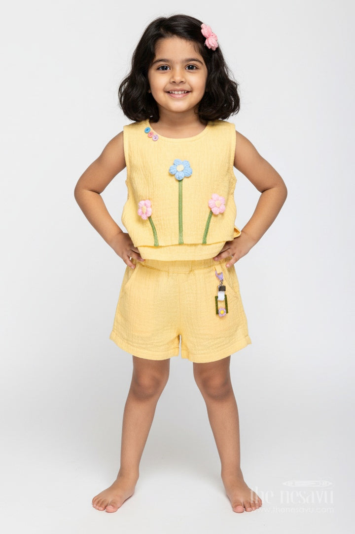 Baby Girl Yellow Muslin Set with Floral Embellishment for Sunny Days