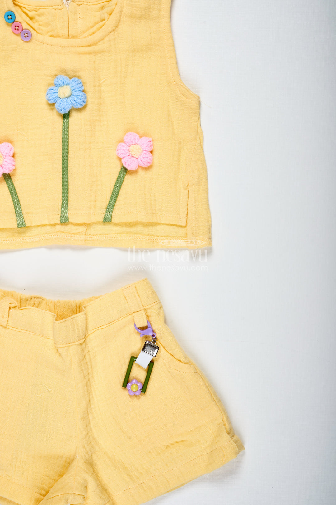 Baby Girl Yellow Muslin Set With Floral Embellishment For Sunny Days