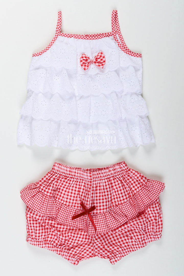 Red gingham baby frock with hakoba top and ruffle shorts