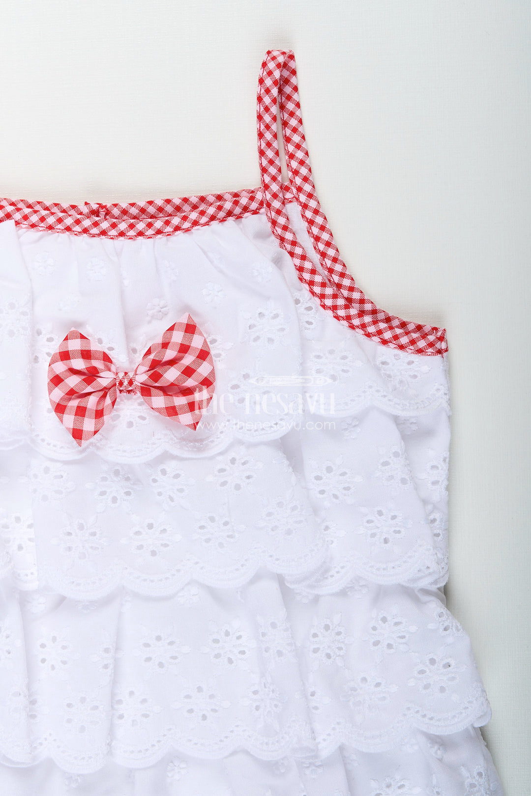 Red gingham baby frock with hakoba top and ruffle shorts