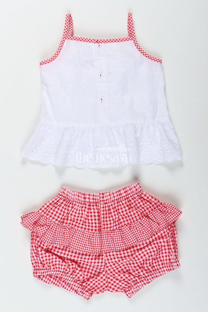 Red gingham baby frock with hakoba top and ruffle shorts