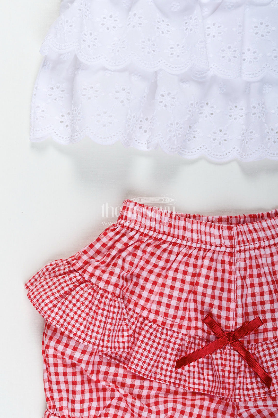 Red gingham baby frock with hakoba top and ruffle shorts