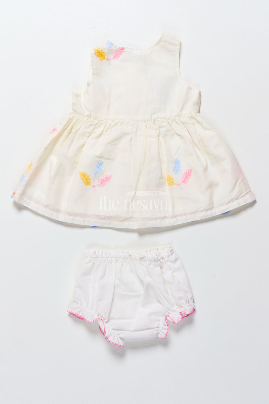 Sleeveless baby frock with floral embroidery and pastel feather design