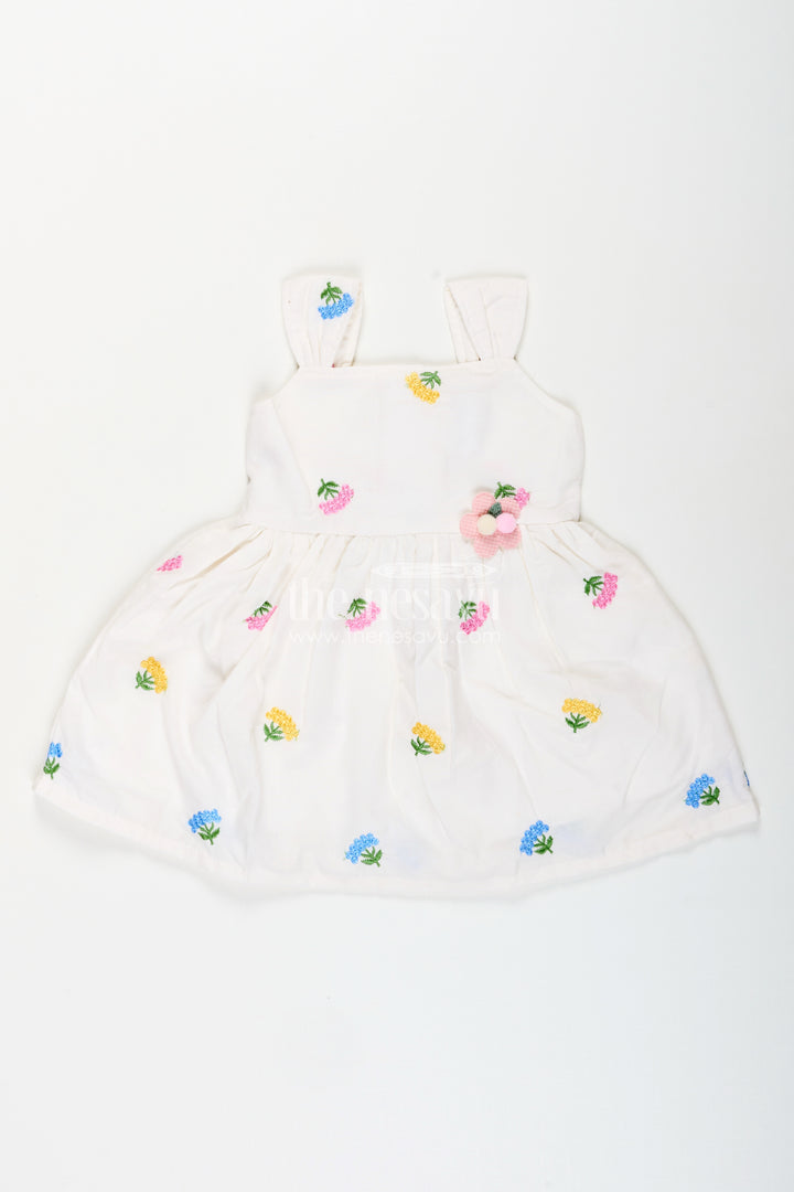 Baby girl white cotton frock with floral embroidery for casual outings