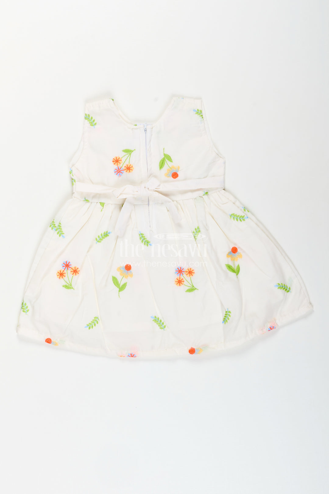 Nesavu cotton baby girl frock with pastel floral embroidery and peter pan collar