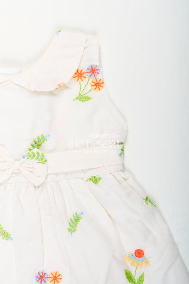 Nesavu cotton baby girl frock with pastel floral embroidery and peter pan collar