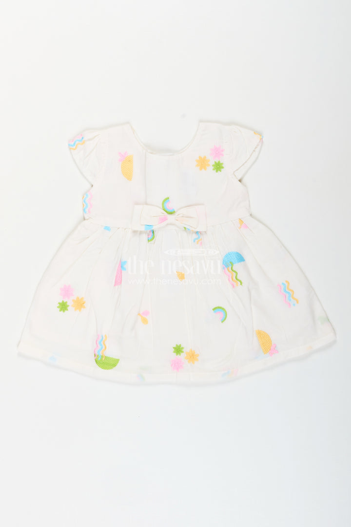 White baby girl frock with pastel embroidery for everyday wear