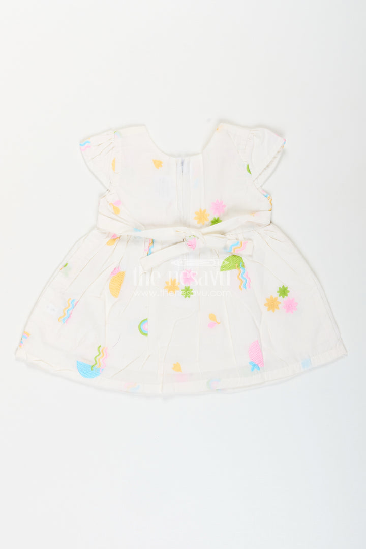 White baby girl frock with pastel embroidery for everyday wear