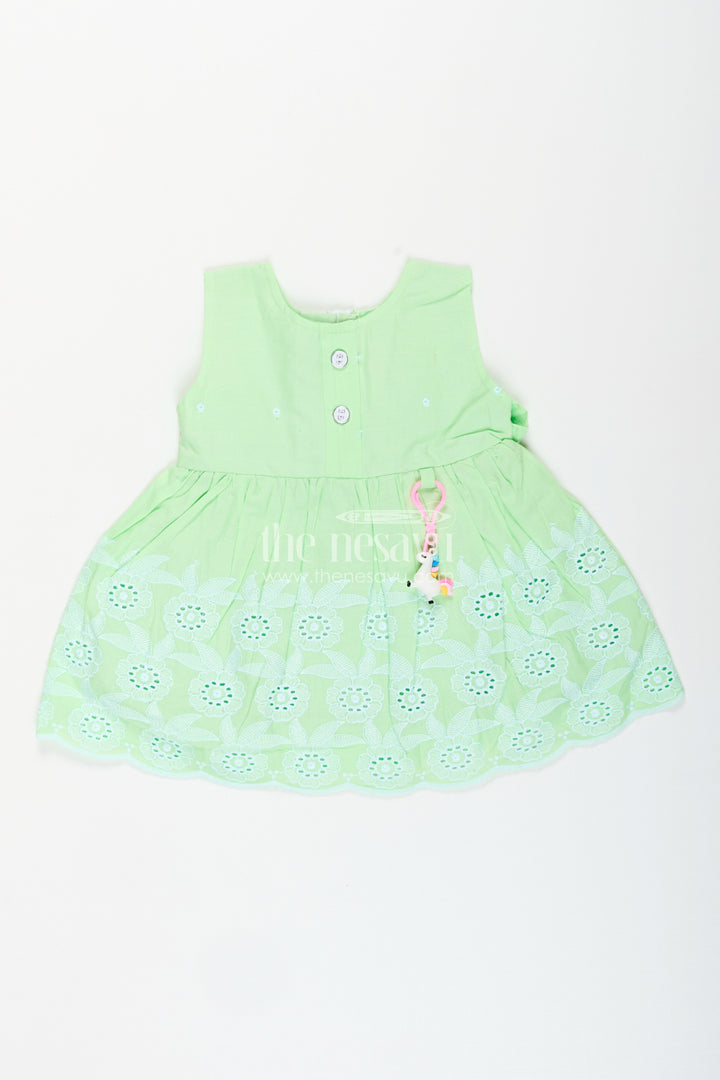 Green sleeveless frock for baby girls with floral embroidery