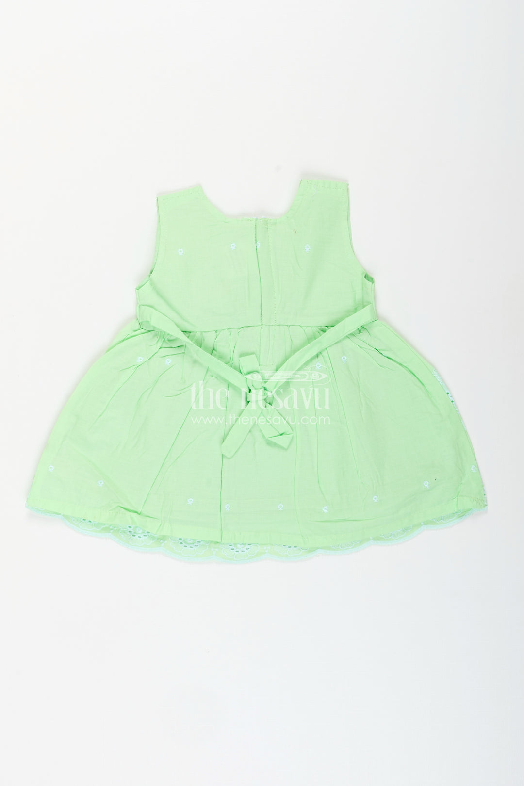 Green sleeveless frock for baby girls with floral embroidery