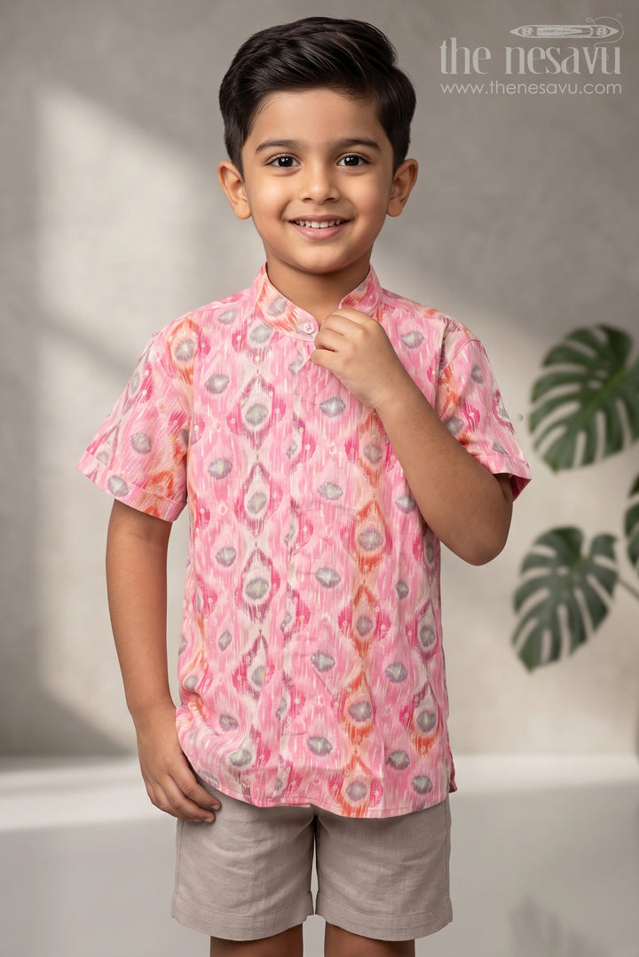 Boys Pink Ikat Print Rayon Shirt Vibrant Ethnic Wear for Kids