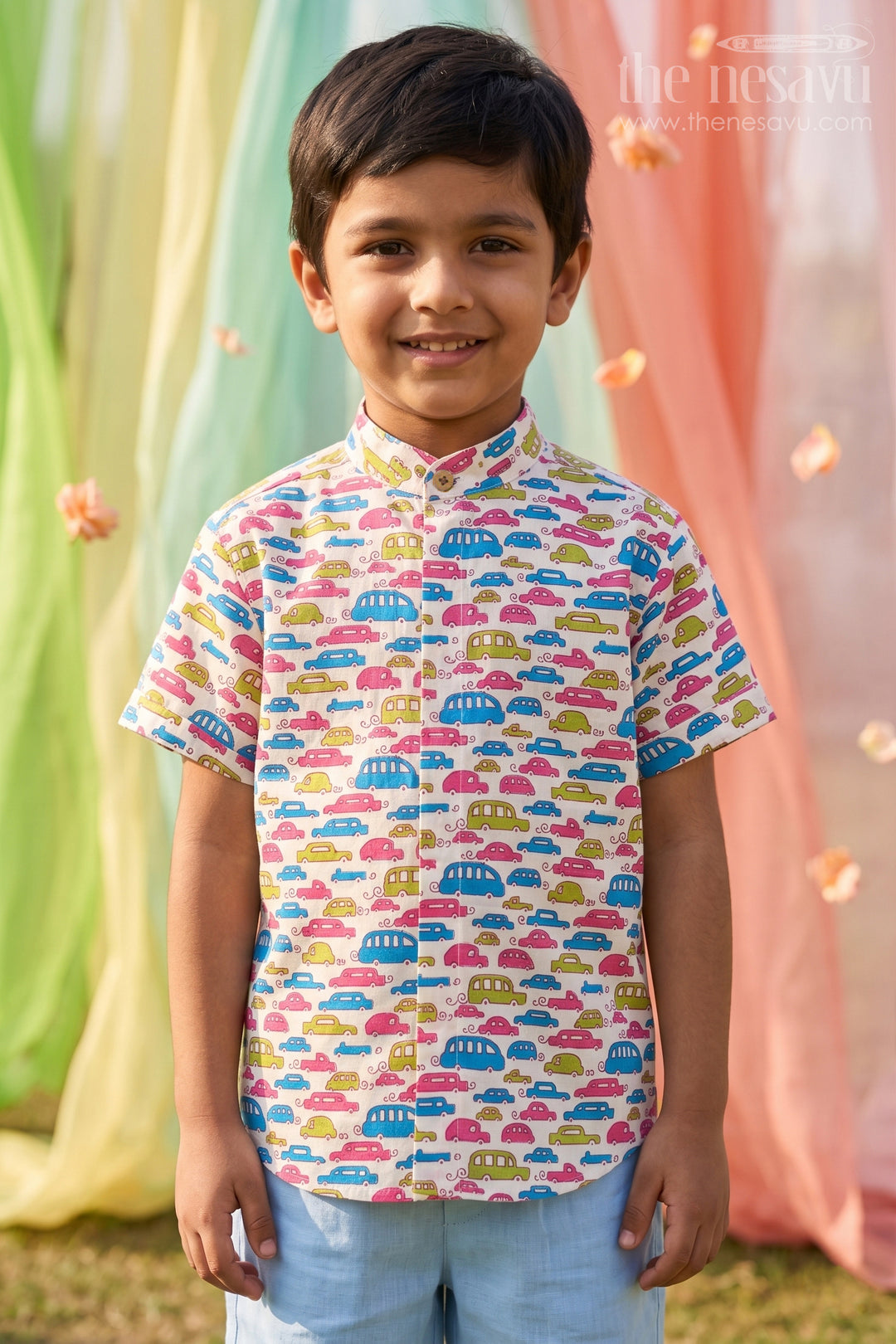 Boys Cotton Shirt with Multicolor Car Print and Short Sleeves for Playful Casual Wear
