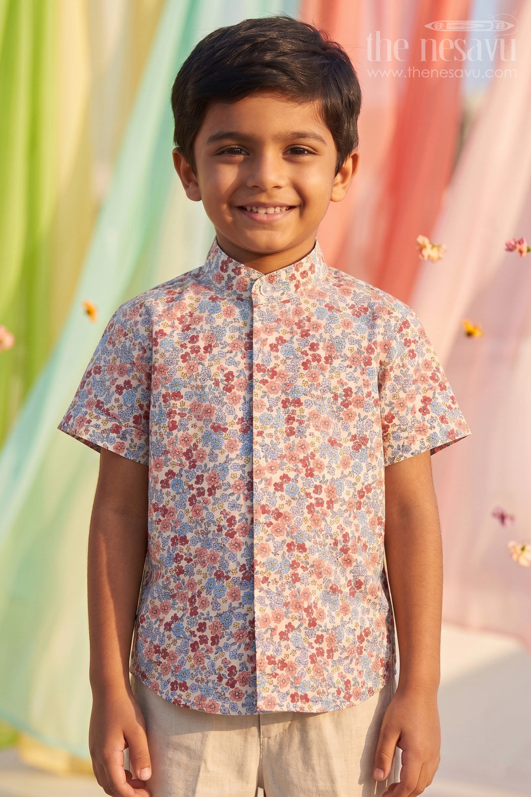 Multicolor Boys Cotton Shirt with Floral Print Half Sleeves Playful and Trendy Design