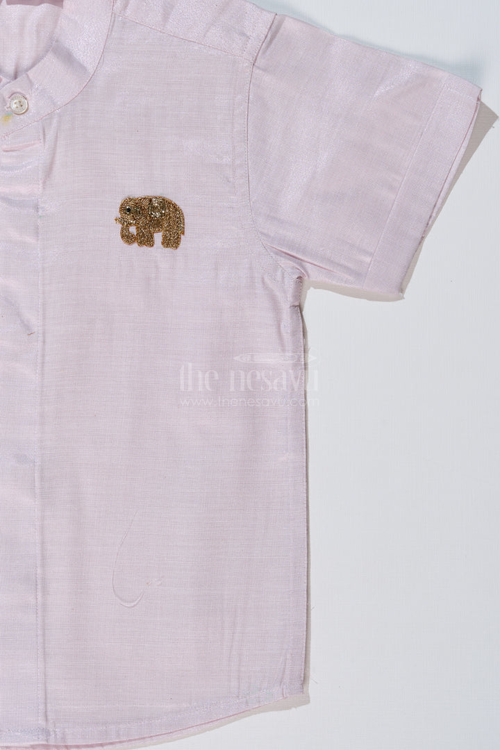 Boys White Half Shirt with Embroidered Elephant Motif and Mandarin Collar
