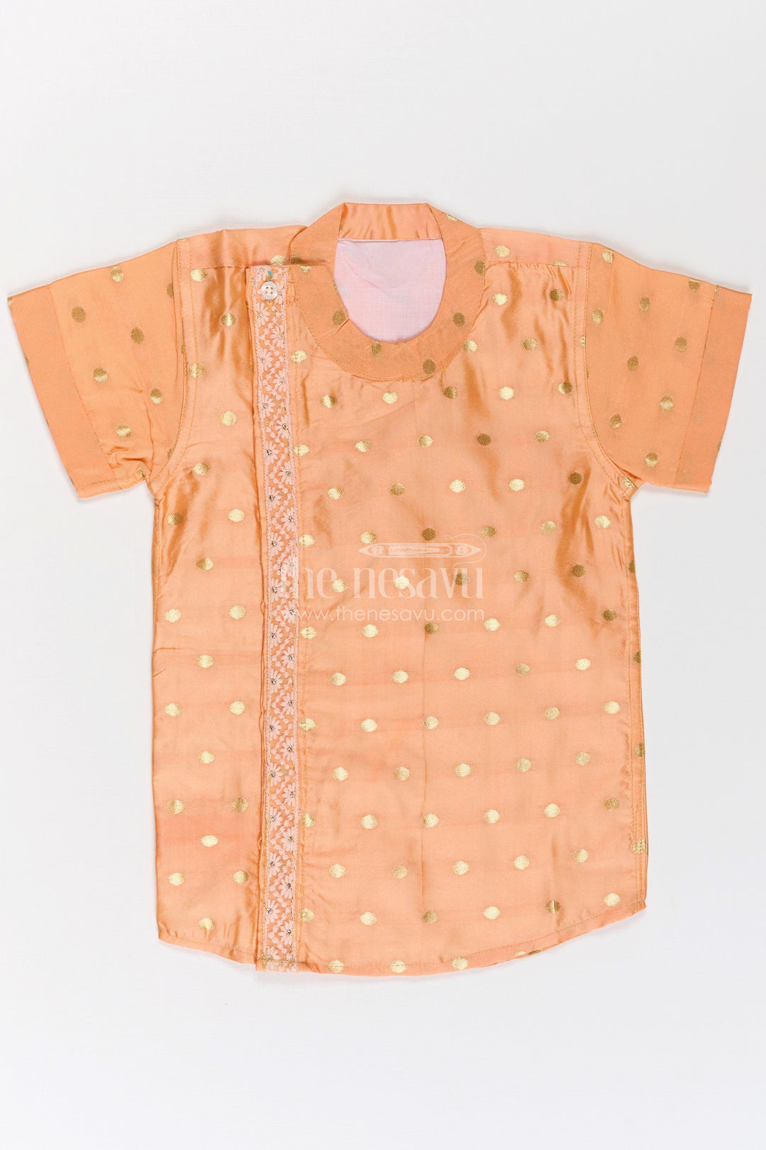 Boys silk dress shirt in Banaras Designer Fabric with Subtle Zari Motif and Embroidered Trim