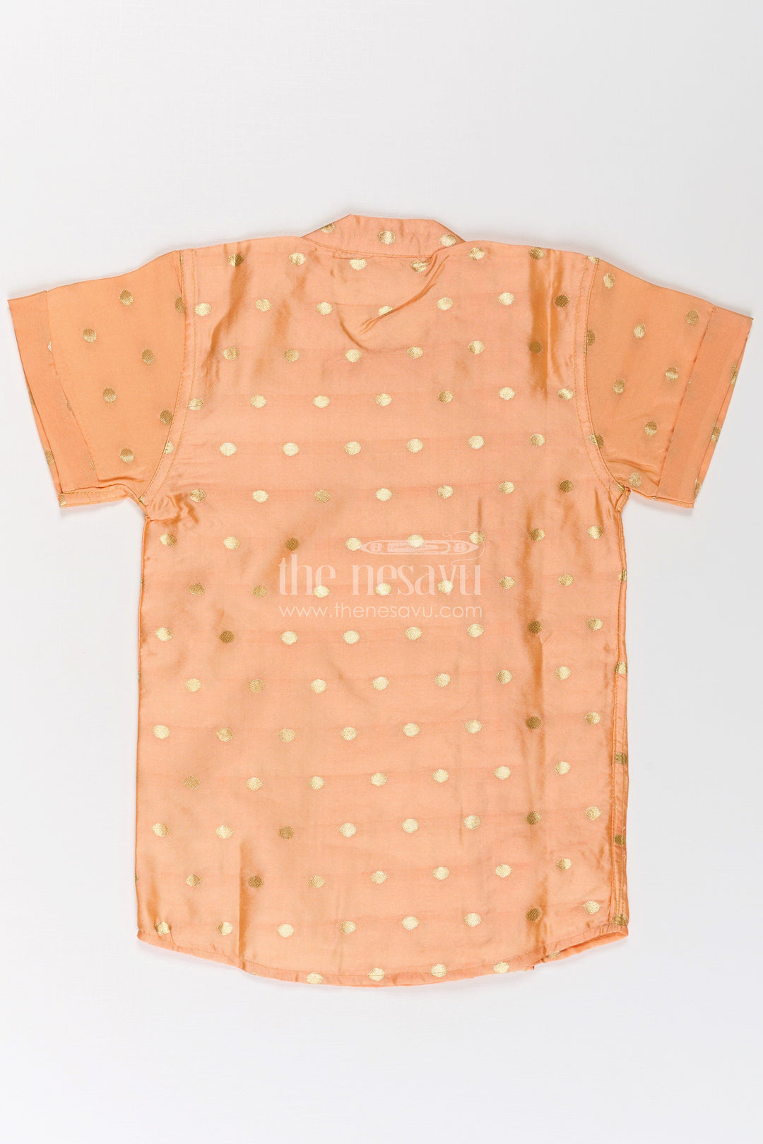 Boys silk dress shirt in Banaras Designer Fabric with Subtle Zari Motif and Embroidered Trim