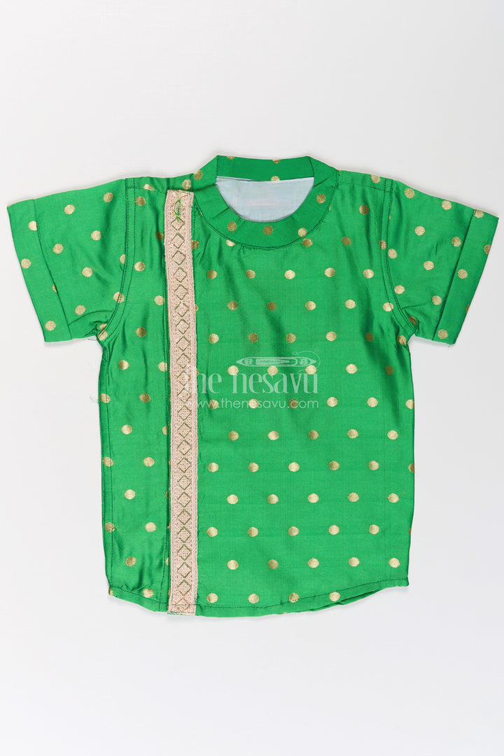 Boys Banaras Silk Shirt Dress with Gold Buttas and Side Embellishment in Festive Green Tone