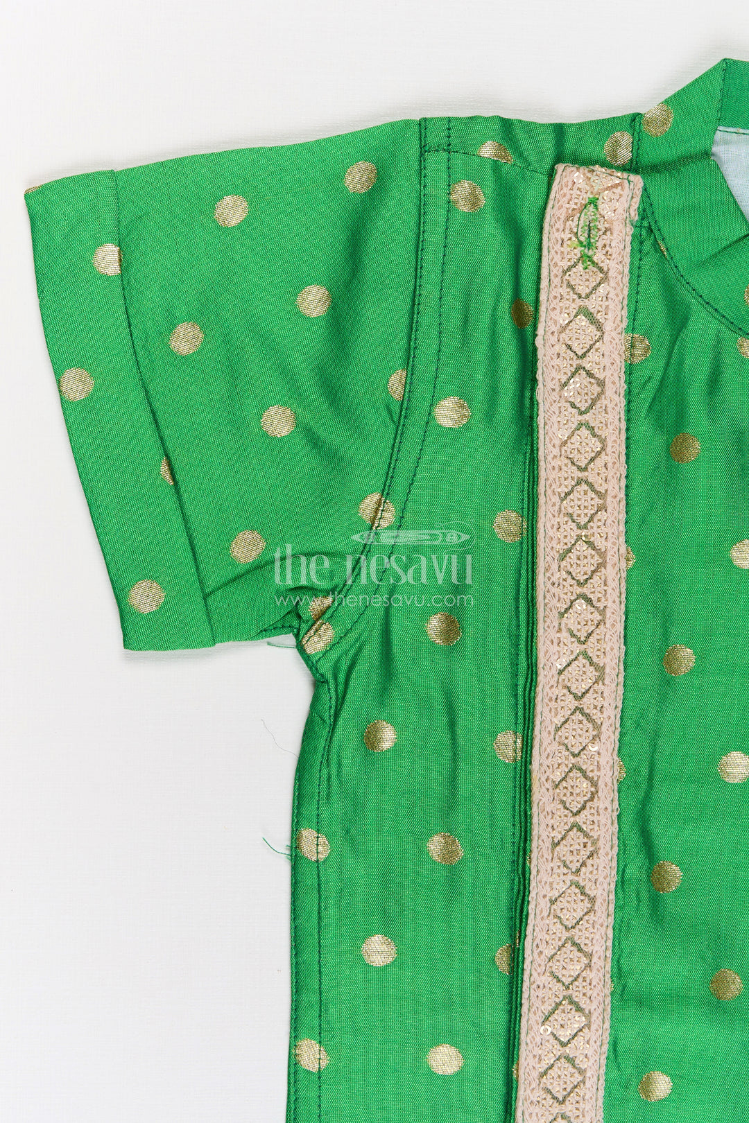 Boys Banaras Silk Shirt Dress with Gold Buttas and Side Embellishment in Festive Green Tone