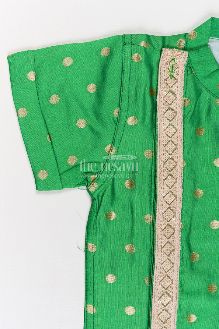 Boys Banaras Silk Shirt Dress with Gold Buttas and Side Embellishment in Festive Green Tone
