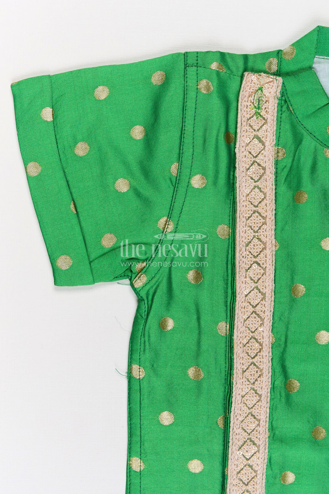 Boys Banaras Silk Shirt Dress with Gold Buttas and Side Embellishment in Festive Green Tone