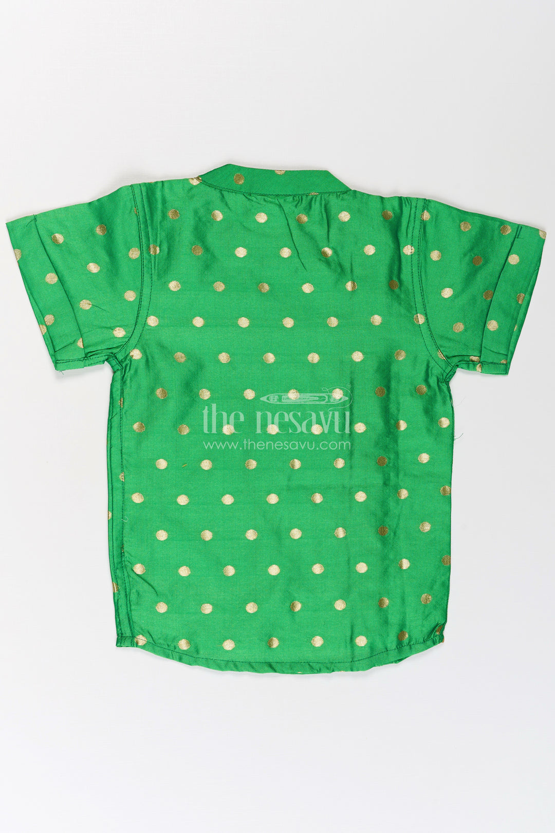 Boys Banaras Silk Shirt Dress with Gold Buttas and Side Embellishment in Festive Green Tone