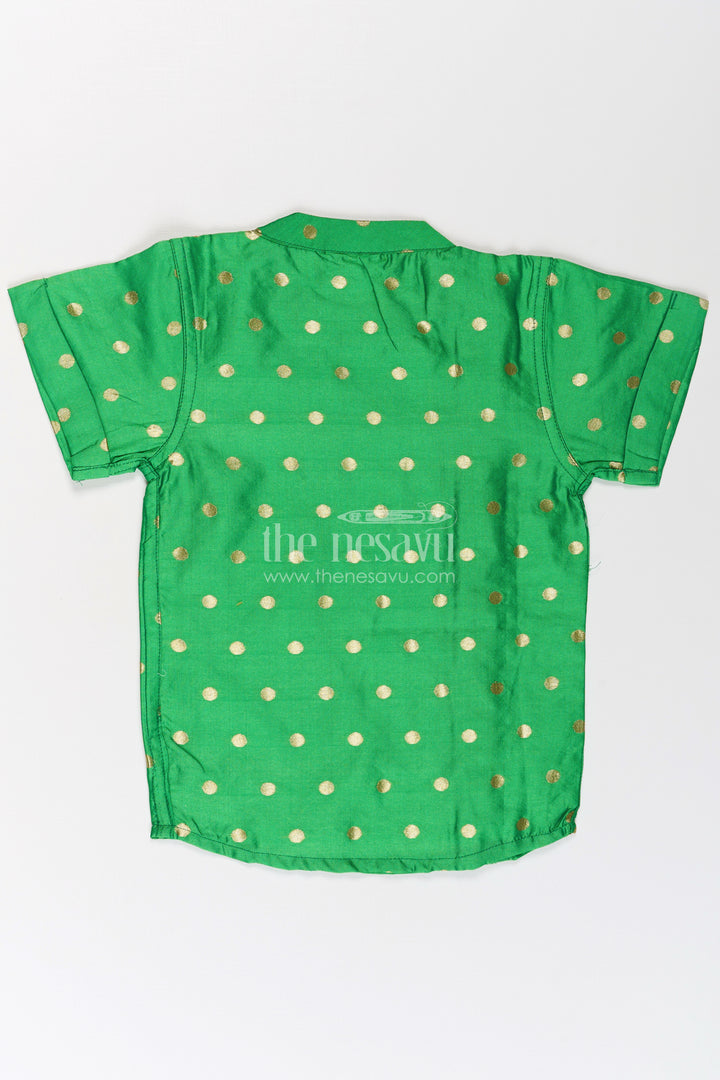 Boys Banaras Silk Shirt Dress with Gold Buttas and Side Embellishment in Festive Green Tone