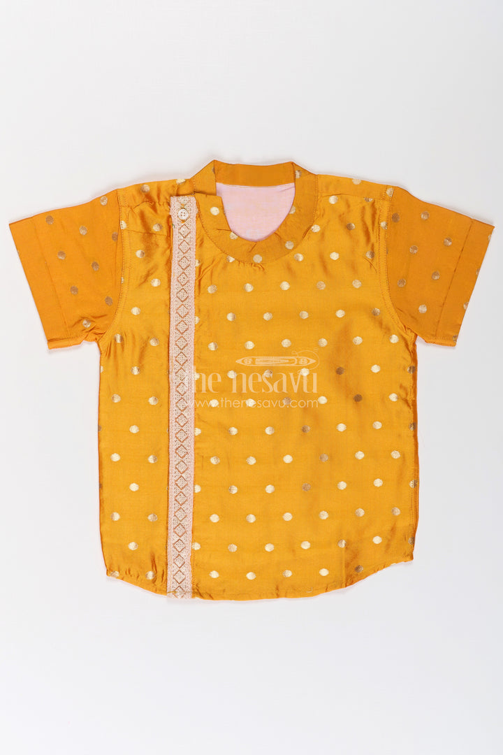 Boys Traditional Banaras Silk Dress and Shirt with Geometric Embellishments in Mustard Yellow