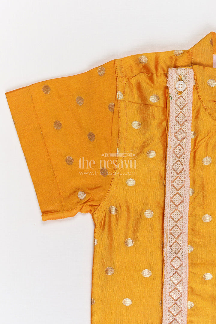 Boys Traditional Banaras Silk Dress and Shirt with Geometric Embellishments in Mustard Yellow