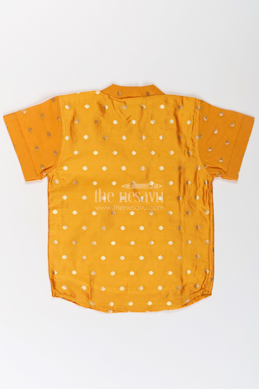 Boys Traditional Banaras Silk Dress and Shirt with Geometric Embellishments in Mustard Yellow