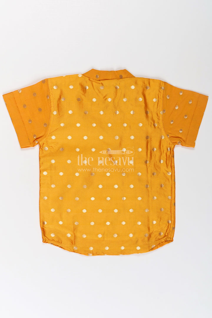 Boys Traditional Banaras Silk Dress and Shirt with Geometric Embellishments in Mustard Yellow