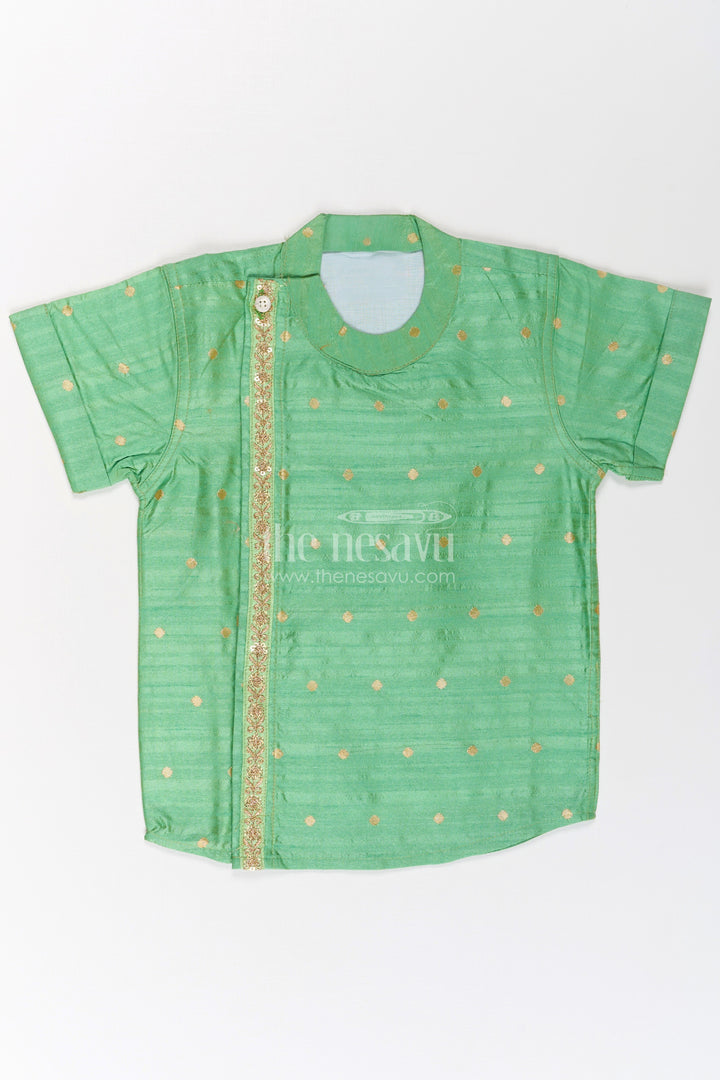 Boys Light Green Banaras Silk Shirt with Subtle Golden Buttas and Traditional Zari Trim