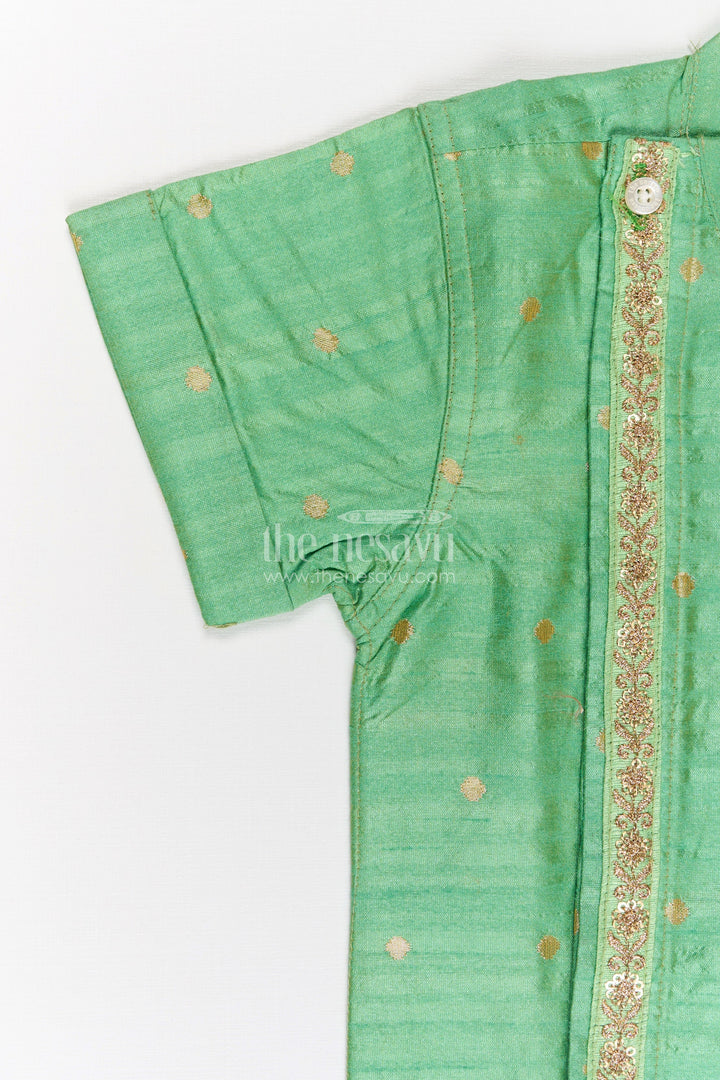 Boys Light Green Banaras Silk Shirt with Subtle Golden Buttas and Traditional Zari Trim