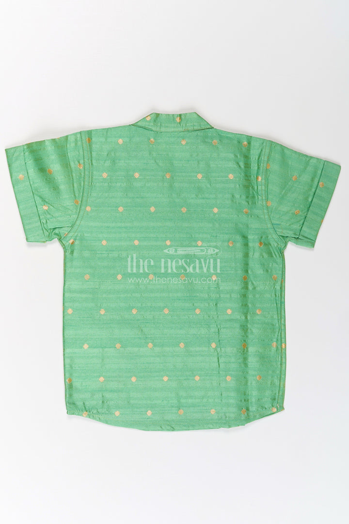 Boys Light Green Banaras Silk Shirt with Subtle Golden Buttas and Traditional Zari Trim