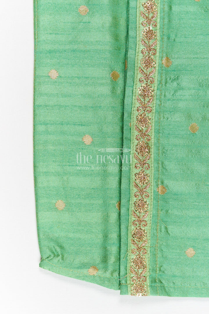 Boys Light Green Banaras Silk Shirt with Subtle Golden Buttas and Traditional Zari Trim