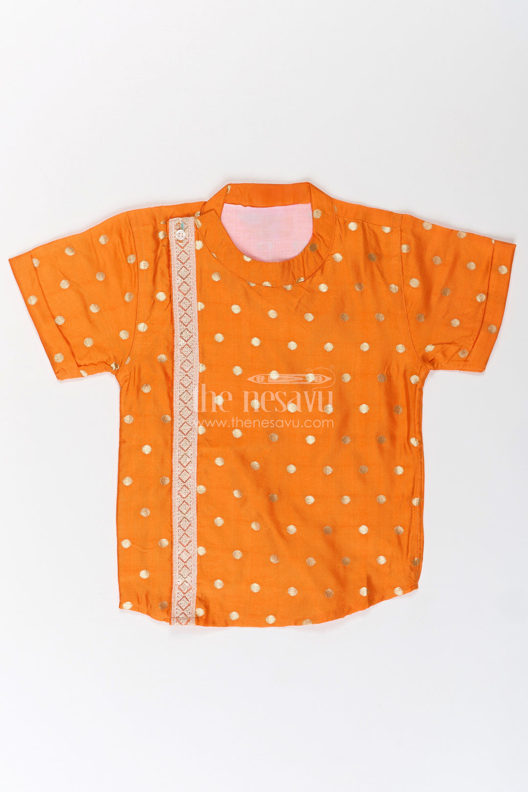 Boys Banaras Silk Dress with Shirt in Vibrant Orange Featuring Gold Polka Design and Zari Border