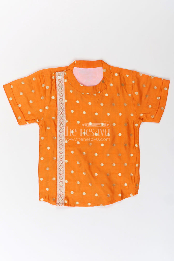 Boys Banaras Silk Dress with Shirt in Vibrant Orange Featuring Gold Polka Design and Zari Border